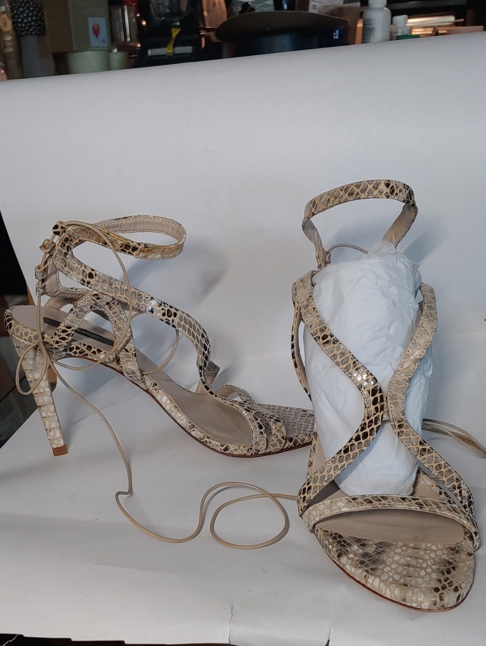 Zara Collection Beige Snake-Print Lace-Up Stiletto Sandals 39/8